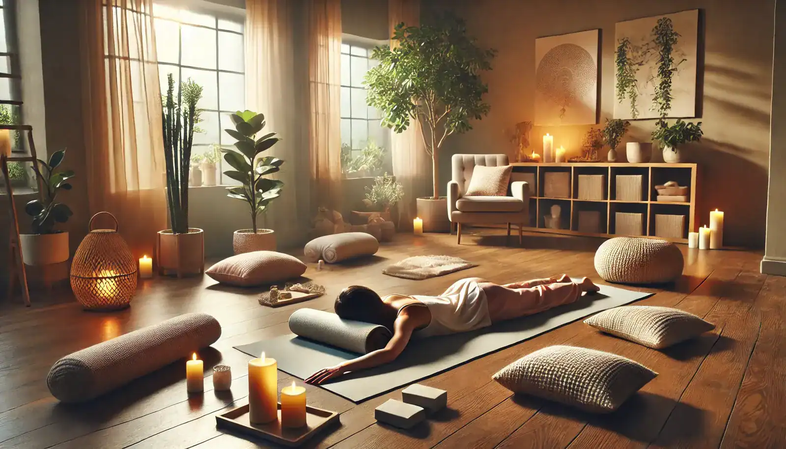 Woman in a restorative yoga pose